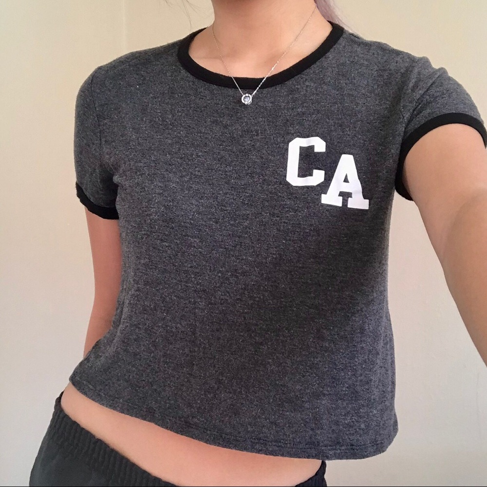 CA grey crop ringer baby tee